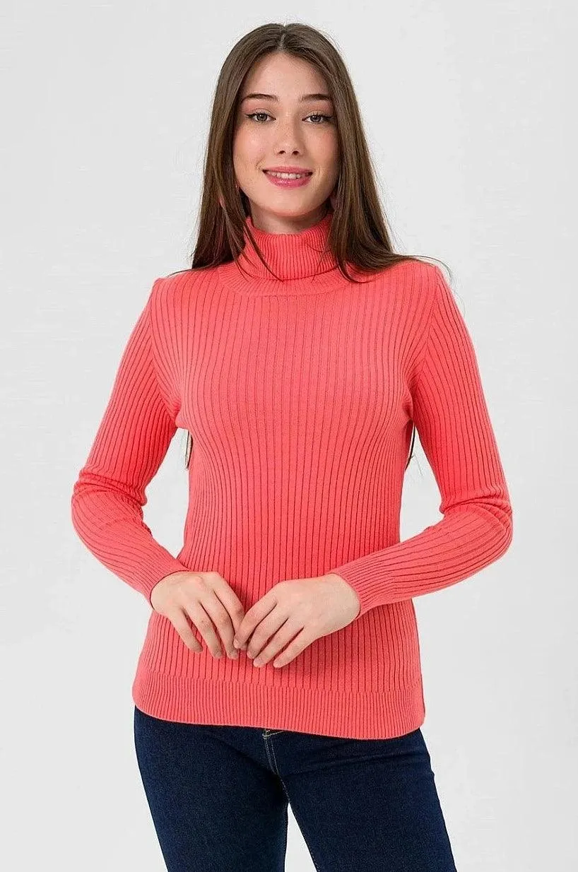 Women's Turtleneck Knitted Sweater - Vibrant Coral Color