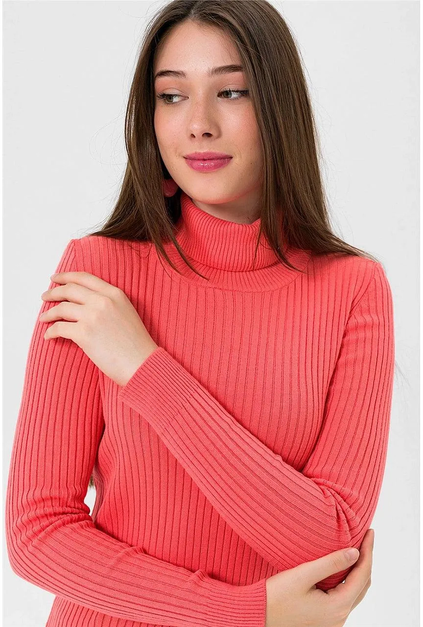 Women's Turtleneck Knitted Sweater - Vibrant Coral Color