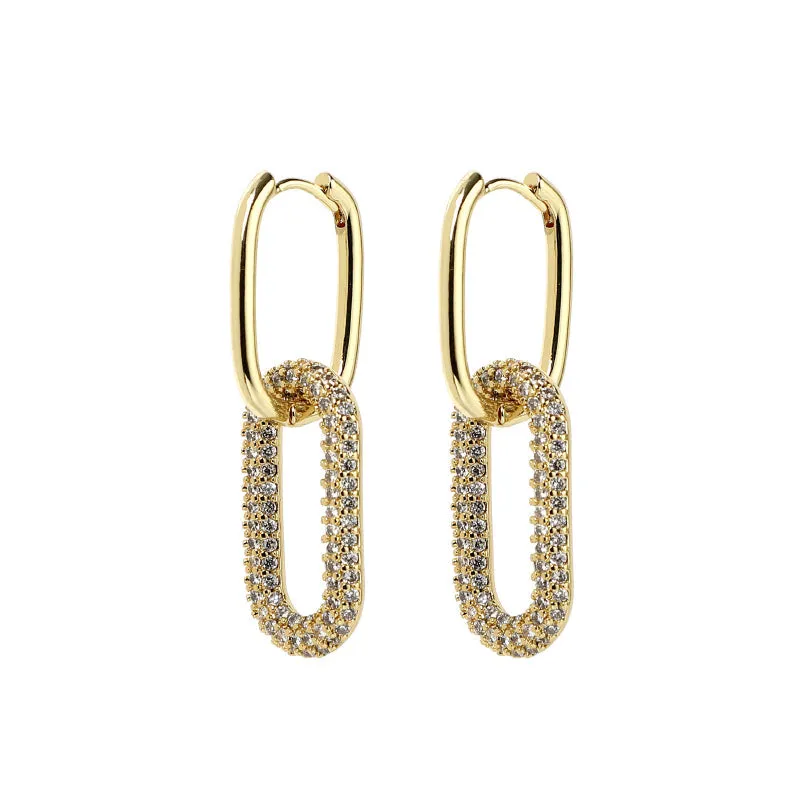 Zircon Studded Double Rectangular Geometric Dangle Hoop Earrings