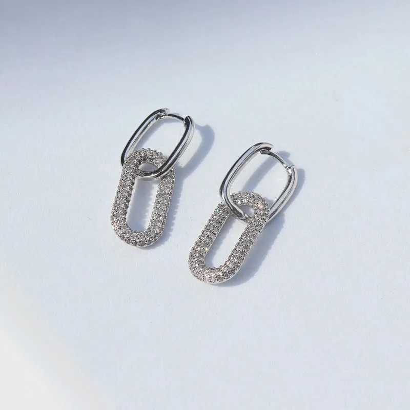 Zircon Studded Double Rectangular Geometric Dangle Hoop Earrings