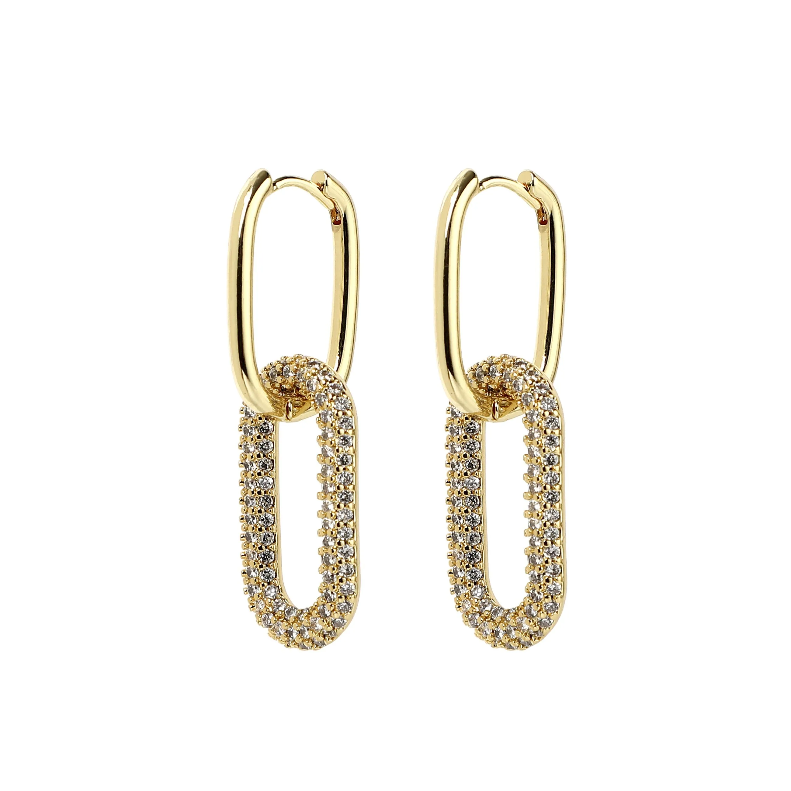 Zircon Studded Double Rectangular Geometric Dangle Hoop Earrings